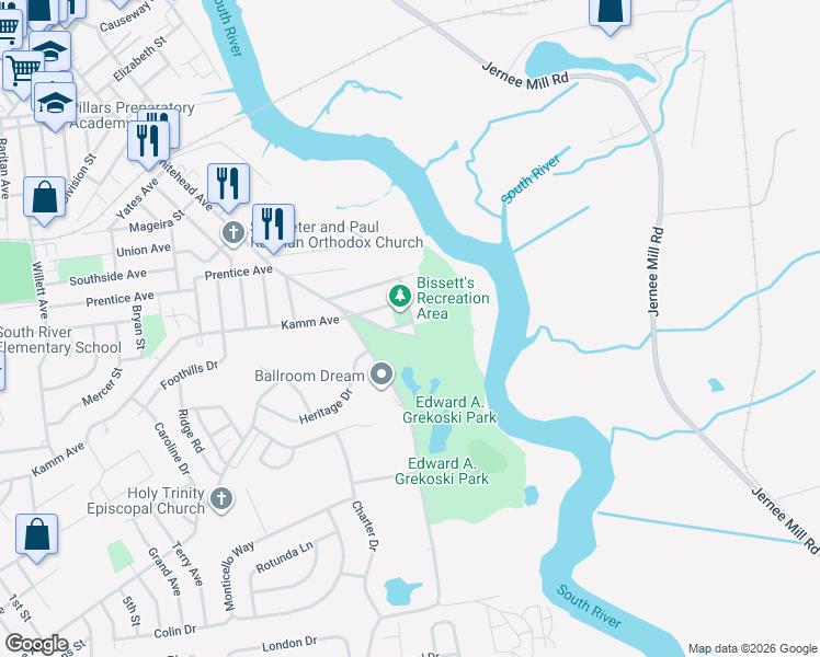 map of restaurants, bars, coffee shops, grocery stores, and more near 2 Brant Street in South River