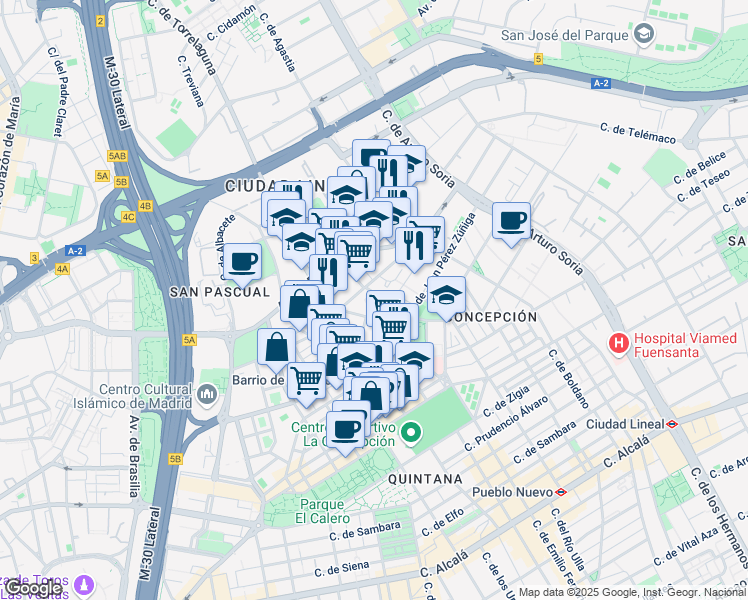 map of restaurants, bars, coffee shops, grocery stores, and more near 28 Calle de Torrelaguna in Madrid