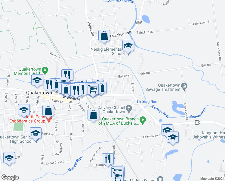 map of restaurants, bars, coffee shops, grocery stores, and more near 11 North Ambler Street in Quakertown