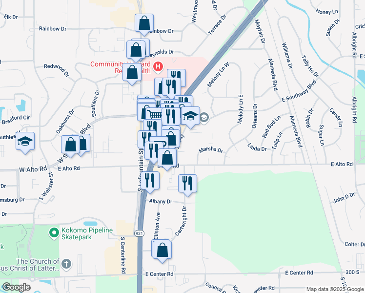 map of restaurants, bars, coffee shops, grocery stores, and more near 600 East Alto Road in Kokomo