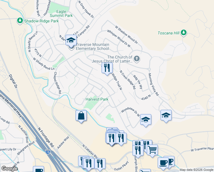 map of restaurants, bars, coffee shops, grocery stores, and more near 4421 Fox Trail Drive in Lehi