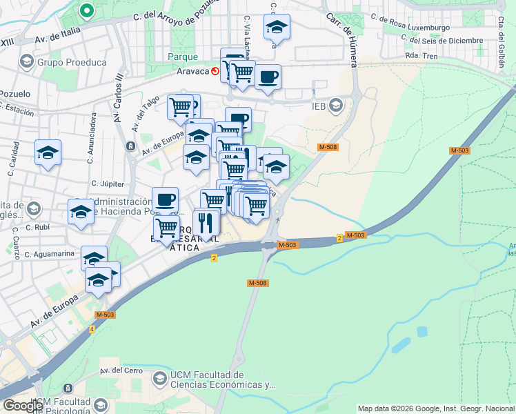 map of restaurants, bars, coffee shops, grocery stores, and more near Calle Canadá in Pozuelo de Alarcón