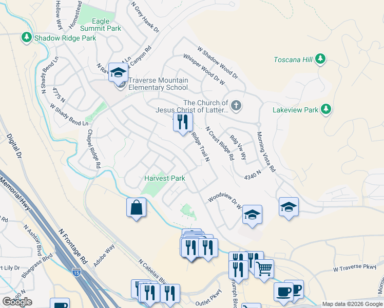 map of restaurants, bars, coffee shops, grocery stores, and more near 4383 Fox Trail Drive in Lehi