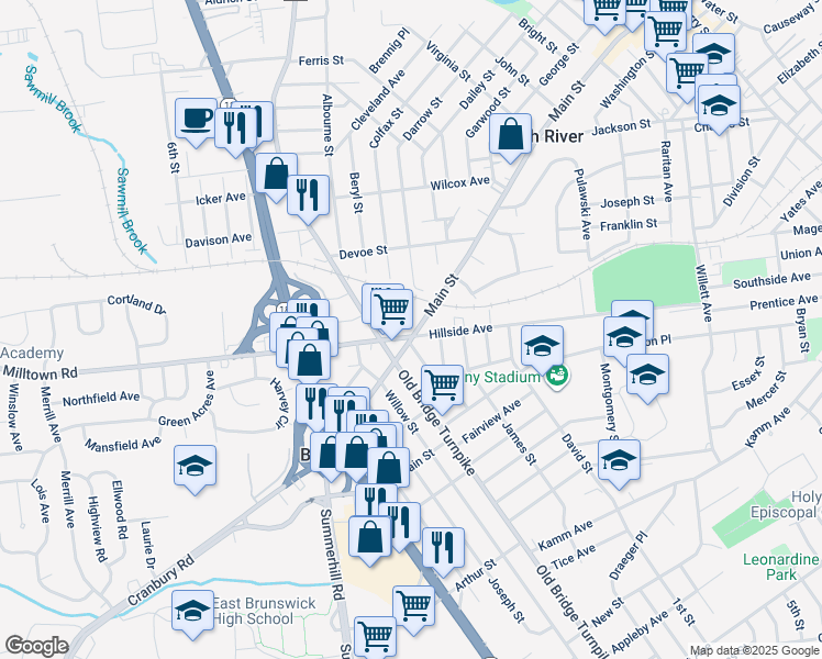 map of restaurants, bars, coffee shops, grocery stores, and more near 33 Exton Street in South River