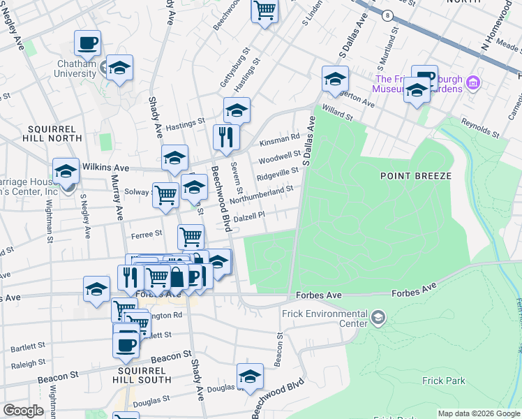 map of restaurants, bars, coffee shops, grocery stores, and more near 6532 Dalzell Place in Pittsburgh