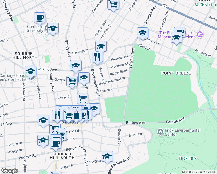 map of restaurants, bars, coffee shops, grocery stores, and more near 6532 Dalzell Place in Pittsburgh
