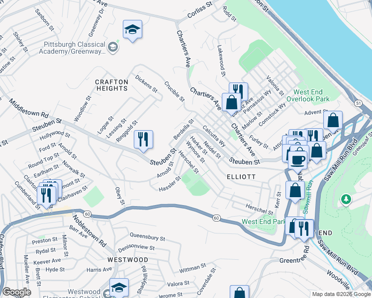 map of restaurants, bars, coffee shops, grocery stores, and more near 1001 Herschel Street in Pittsburgh