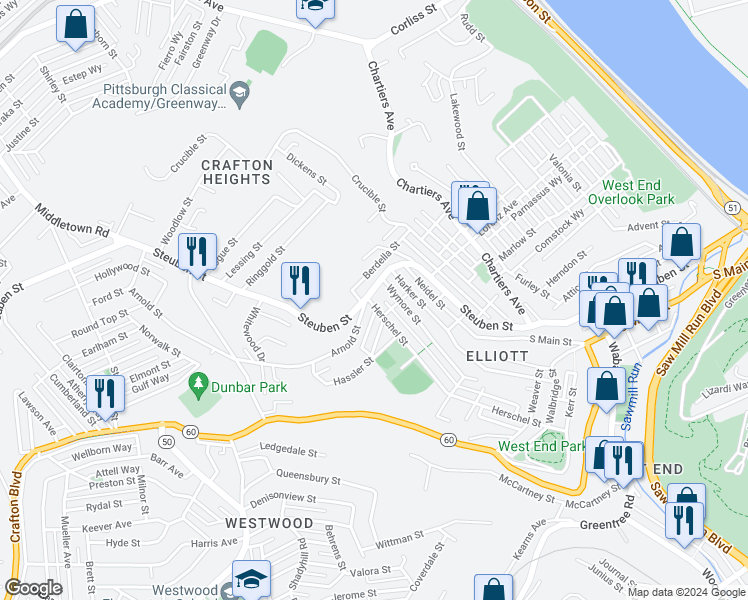 map of restaurants, bars, coffee shops, grocery stores, and more near 1001 Herschel Street in Pittsburgh
