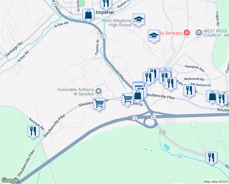 map of restaurants, bars, coffee shops, grocery stores, and more near 7898 Steubenville Pike in Oakdale