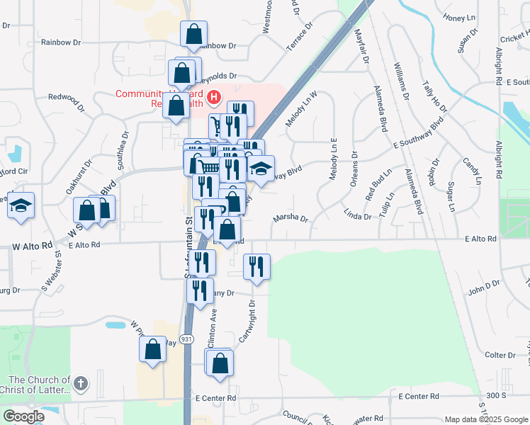 map of restaurants, bars, coffee shops, grocery stores, and more near 609 Marsha Court in Kokomo