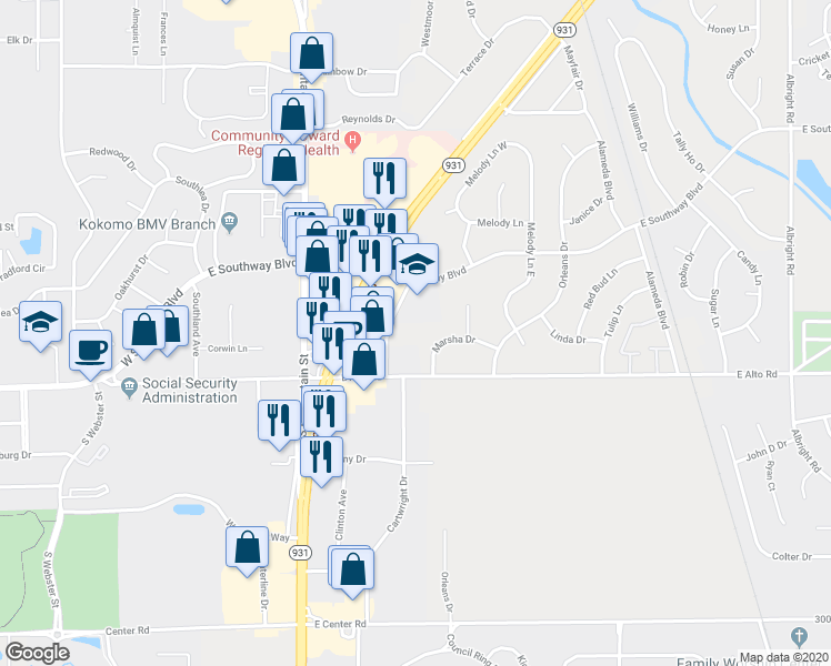 map of restaurants, bars, coffee shops, grocery stores, and more near 609 Marsha Court in Kokomo