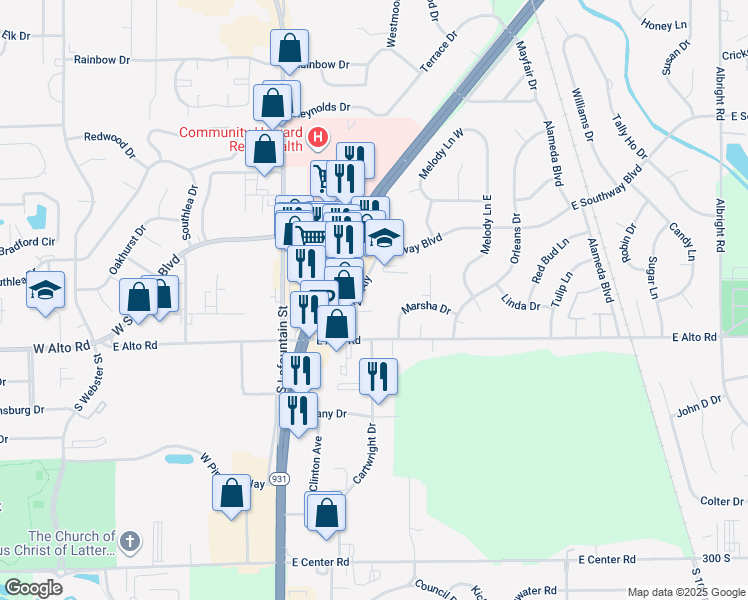 map of restaurants, bars, coffee shops, grocery stores, and more near 609 Marsha Court in Kokomo