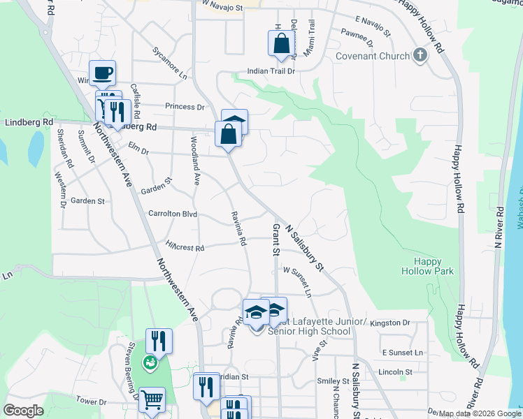 map of restaurants, bars, coffee shops, grocery stores, and more near 509 Carrolton Boulevard in West Lafayette