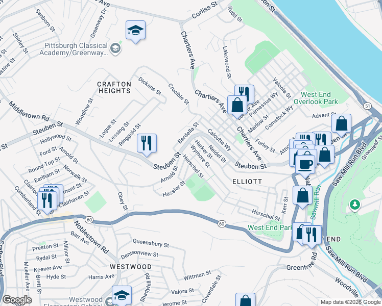 map of restaurants, bars, coffee shops, grocery stores, and more near 1001 Herschel Street in Pittsburgh