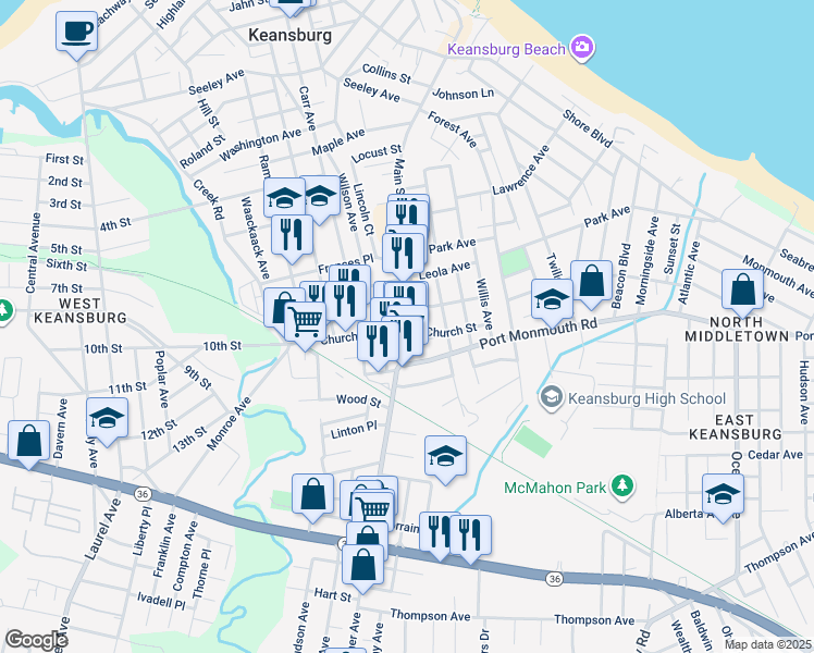 map of restaurants, bars, coffee shops, grocery stores, and more near in Keansburg