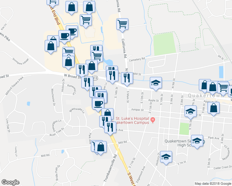 map of restaurants, bars, coffee shops, grocery stores, and more near 44 South 14th Street in Quakertown