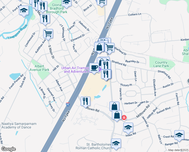 map of restaurants, bars, coffee shops, grocery stores, and more near 400 Ryders Lane in Milltown