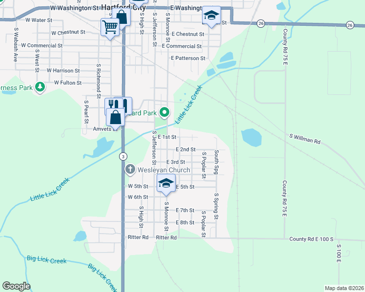 map of restaurants, bars, coffee shops, grocery stores, and more near 1100-1150 S Mulberry St in Hartford City