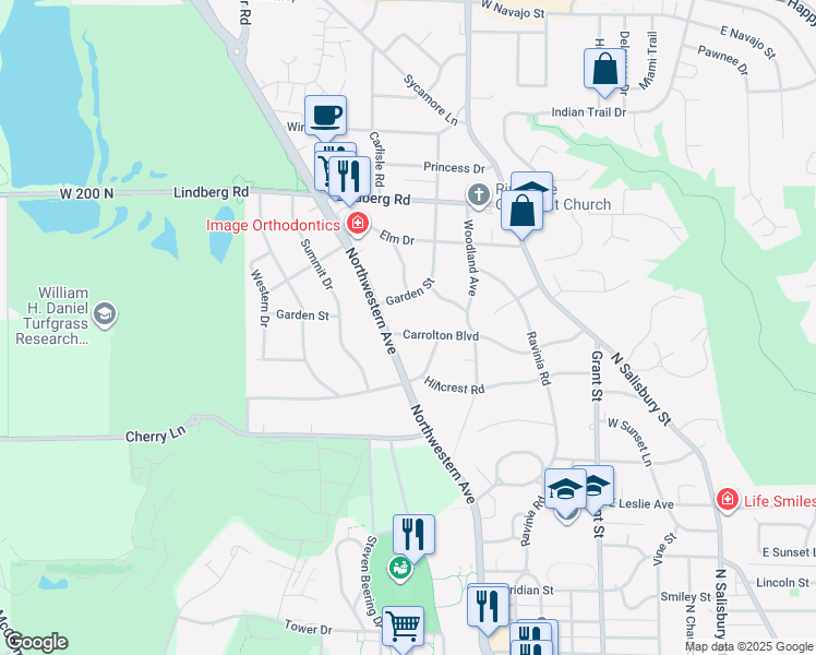 map of restaurants, bars, coffee shops, grocery stores, and more near 920 Carrolton Boulevard in West Lafayette