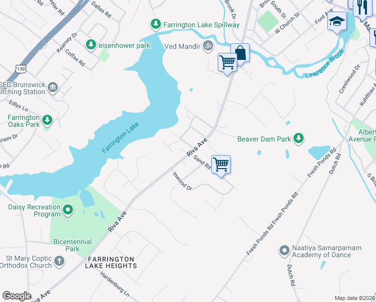 map of restaurants, bars, coffee shops, grocery stores, and more near 299 Riva Avenue in Milltown