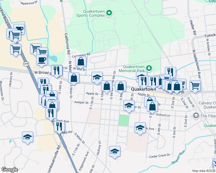 map of restaurants, bars, coffee shops, grocery stores, and more near 21 South 9th Street in Quakertown