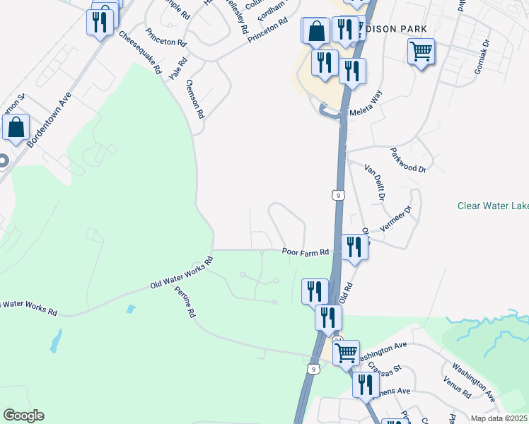 map of restaurants, bars, coffee shops, grocery stores, and more near 25 Brewster Circle in Old Bridge