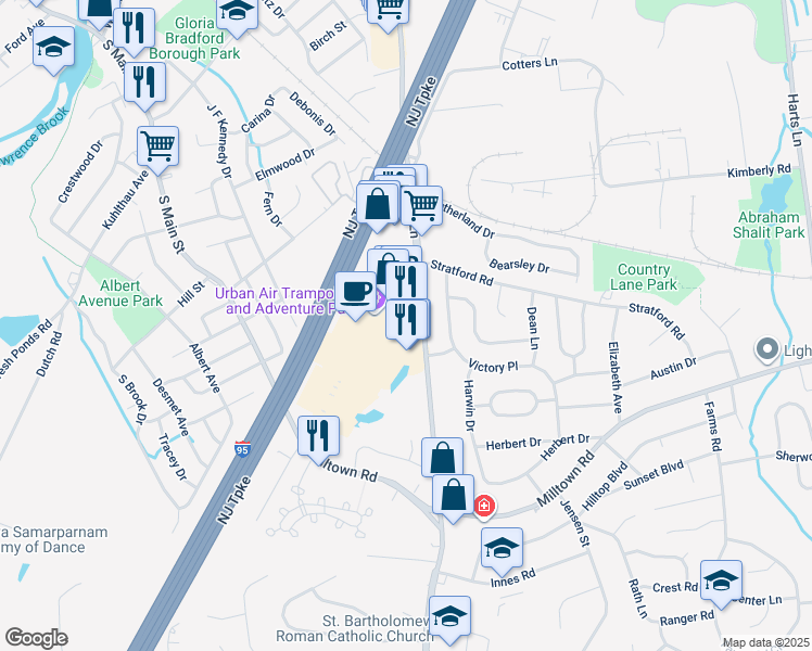 map of restaurants, bars, coffee shops, grocery stores, and more near 402 Ryders Lane in East Brunswick