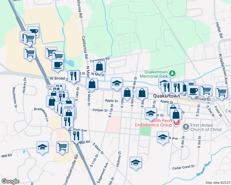 map of restaurants, bars, coffee shops, grocery stores, and more near 1020 West Broad Street in Quakertown