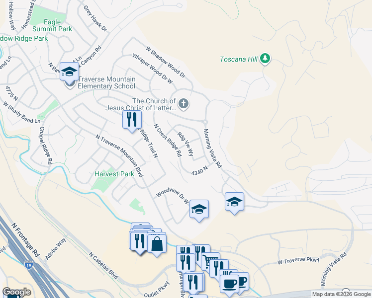 map of restaurants, bars, coffee shops, grocery stores, and more near 4379 Ridge View Way in Lehi