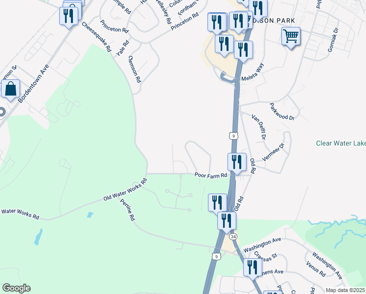 map of restaurants, bars, coffee shops, grocery stores, and more near 25 Brewster Circle in Old Bridge