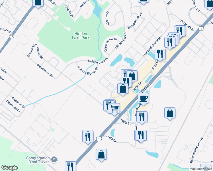 map of restaurants, bars, coffee shops, grocery stores, and more near 8 Albury Way in North Brunswick Township