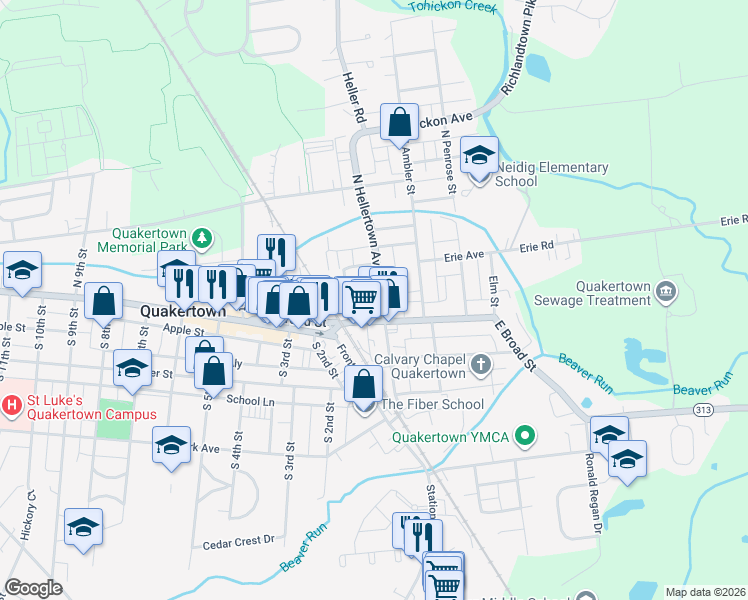 map of restaurants, bars, coffee shops, grocery stores, and more near 414 East Broad Street in Quakertown