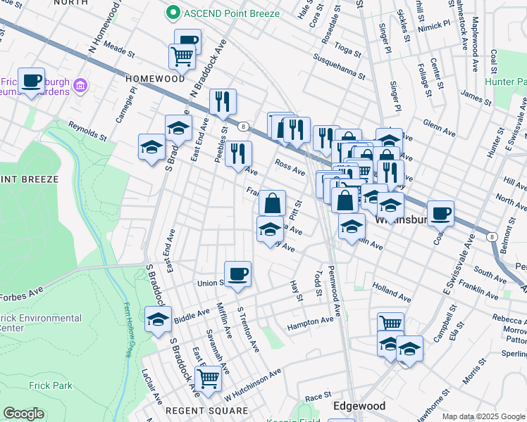 map of restaurants, bars, coffee shops, grocery stores, and more near 428 Rebecca Avenue in Pittsburgh