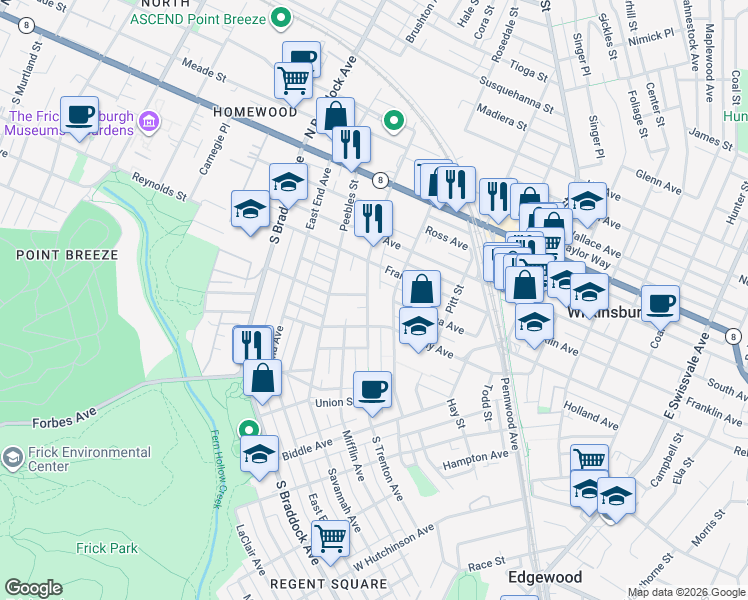 map of restaurants, bars, coffee shops, grocery stores, and more near 467 South Trenton Avenue in Pittsburgh