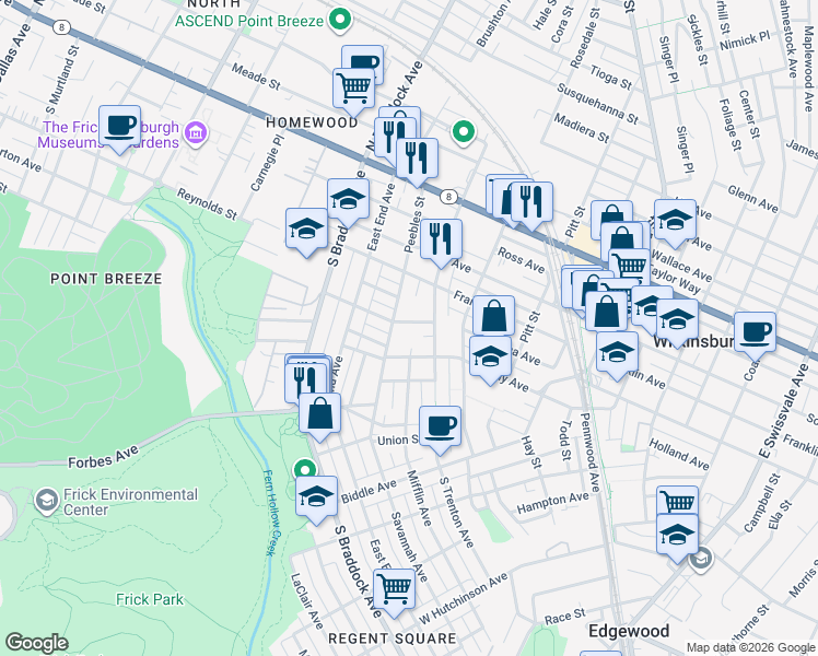map of restaurants, bars, coffee shops, grocery stores, and more near in Wilkinsburg