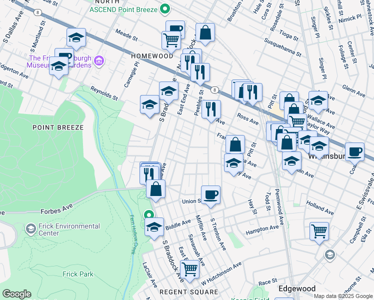 map of restaurants, bars, coffee shops, grocery stores, and more near 7728 Abbott Street in Pittsburgh