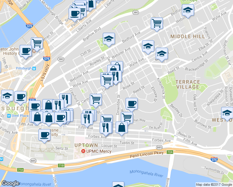 map of restaurants, bars, coffee shops, grocery stores, and more near 1846 Rose Street in Pittsburgh