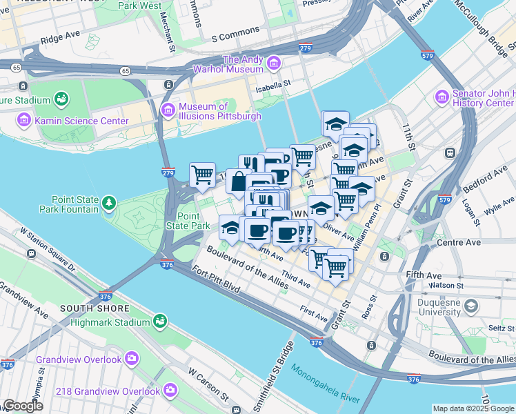 map of restaurants, bars, coffee shops, grocery stores, and more near in Pittsburgh