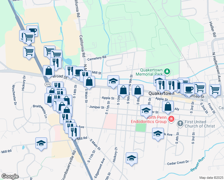 map of restaurants, bars, coffee shops, grocery stores, and more near 1020 West Broad Street in Quakertown