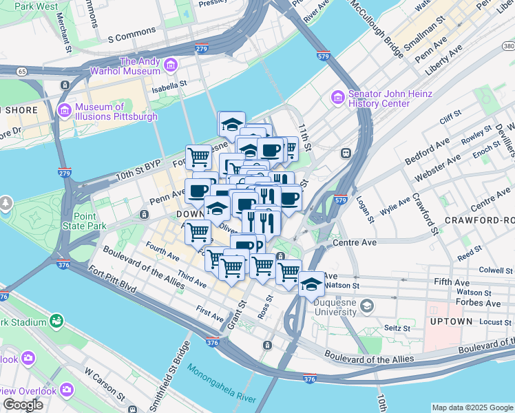 map of restaurants, bars, coffee shops, grocery stores, and more near 611 William Penn Place in Pittsburgh