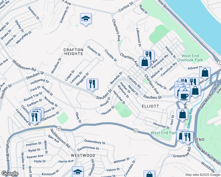 map of restaurants, bars, coffee shops, grocery stores, and more near 1080 Steuben Street in Pittsburgh