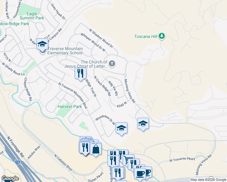 map of restaurants, bars, coffee shops, grocery stores, and more near 4379 Ridge View Way in Lehi