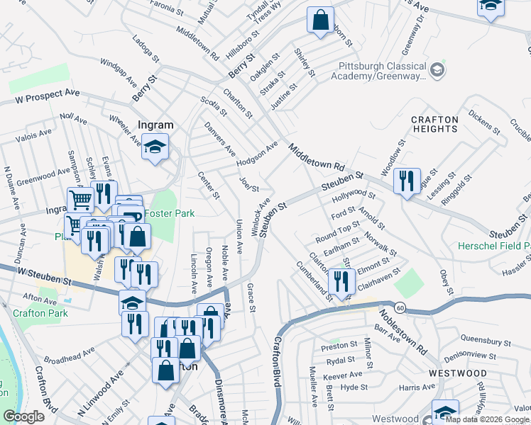 map of restaurants, bars, coffee shops, grocery stores, and more near in Ingram