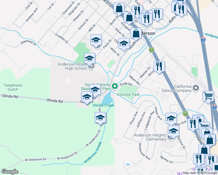 map of restaurants, bars, coffee shops, grocery stores, and more near 20261 Olinda Rd in Anderson