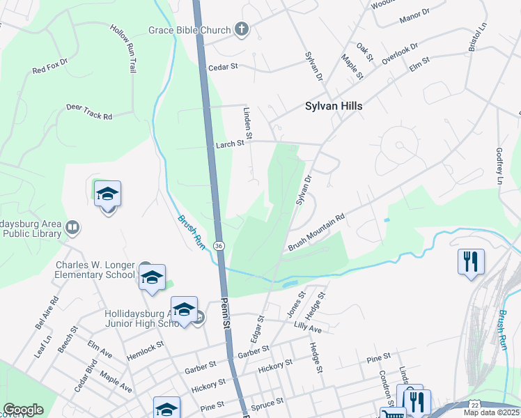 map of restaurants, bars, coffee shops, grocery stores, and more near 287 Brushmeade Drive in Hollidaysburg