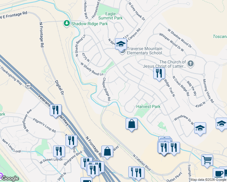 map of restaurants, bars, coffee shops, grocery stores, and more near 4433 North Briarwood Lane in Lehi