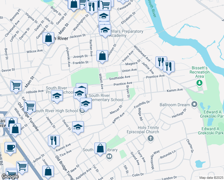 map of restaurants, bars, coffee shops, grocery stores, and more near 160 Johnson Place in South River