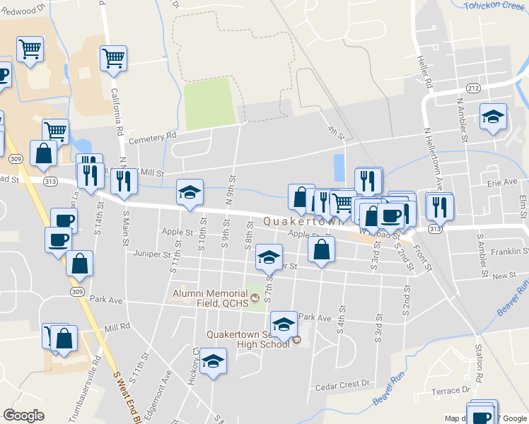 map of restaurants, bars, coffee shops, grocery stores, and more near 721 West Broad Street in Quakertown