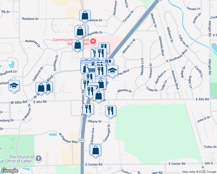 map of restaurants, bars, coffee shops, grocery stores, and more near 600 East Alto Road in Kokomo