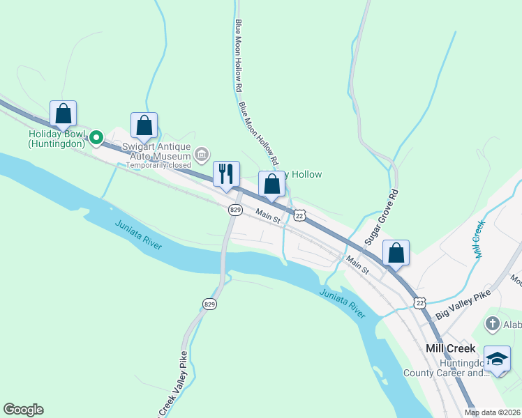 map of restaurants, bars, coffee shops, grocery stores, and more near 9505 Main Street in Huntingdon